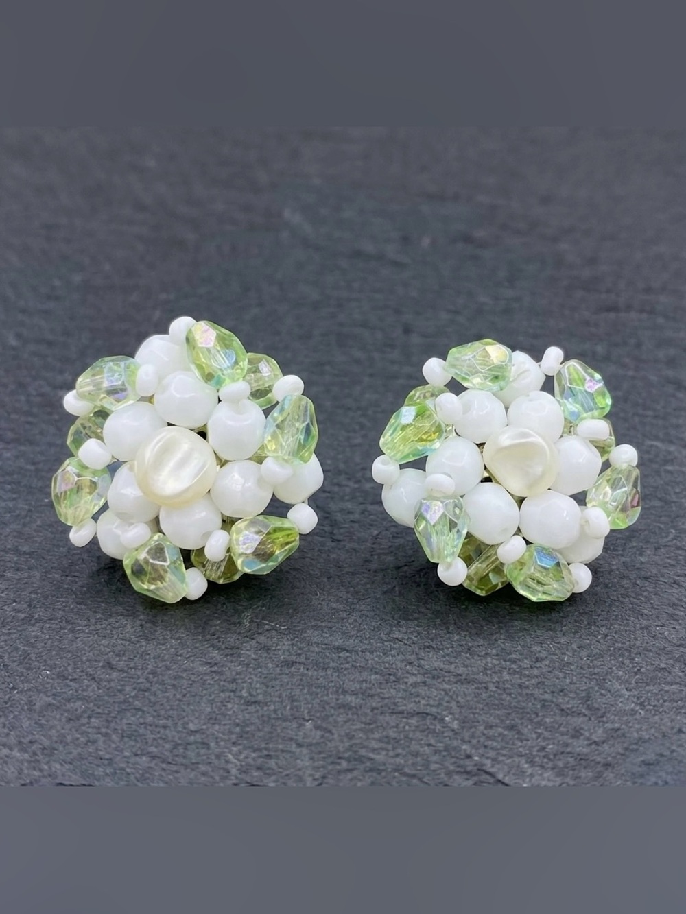 Vintage West Germany Green Aurora Borealis & Faux Pearl Bead Clip On Earrings